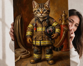 May include: A rectangular canvas print featuring a tabby cat dressed in a tan firefighter uniform with yellow reflective stripes. The cat holds a black helmet, with a coiled fire hose and a red fire hydrant visible in the background.