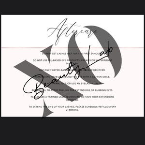 May include: A white card with black text providing aftercare instructions for lash extensions. The card features the words "Aftercare" and "Beauty Lab" in elegant script, along with care tips such as avoiding oil-based products and scheduling refills.