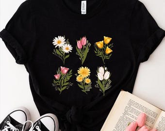 Wildflower Shirt, Botanical Floral Tee with Daisies and Tulips