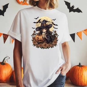 Comfort Colors® Witches Brew Shirt: Gothic Moon Bats Pumpkin Roses