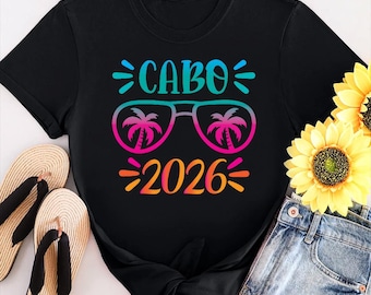 Camiseta Cabo 2026: Camiseta informal unisex con estampado de gafas de sol y palmeras para vacaciones en la playa.