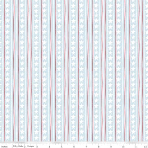 May include: Light blue fabric with vertical stripes. Alternating stripes feature white stars and red lines. The fabric is measured in inches, with a scale at the bottom. The design is by Riley Blake Designs.