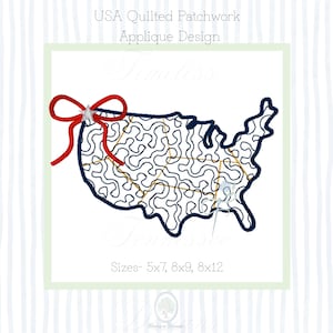 May include: A navy blue outline of the United States with a quilted patchwork design. A red bow with a silver star accent is attached to the upper left corner. The text "USA Quilted Patchwork Applique Design" is at the top.