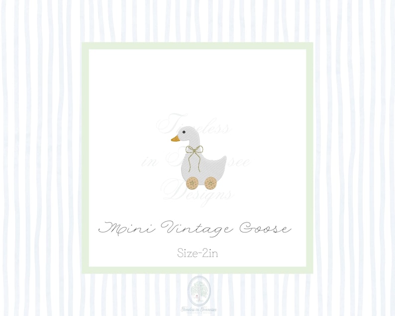 May include: A white Mini Vintage Goose toy with a yellow beak and a green bow, mounted on wooden wheels. The image includes the text "Mini Vintage Goose" and "Size-2in" in a decorative font, set against a striped background.