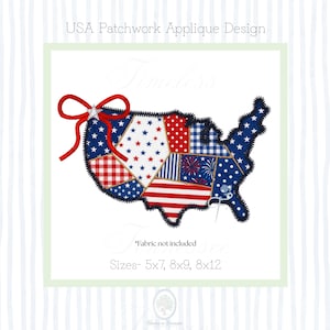 Puede incluir: Un diseño de aplique de patchwork en forma de Estados Unidos, con patrones rojos, blancos y azules. El diseño incluye estrellas, rayas y un lazo rojo. El texto en la parte superior dice "USA Patchwork Applique Design". Tamaños disponibles: 12.7x17.8cm, 20.3x22.9cm, y 20.3x30.5cm.