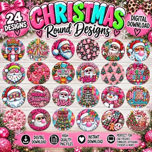 May include: A collection of 24 circular Christmas-themed digital designs featuring various illustrations of Santa Claus, snowmen, nutcrackers, and holiday trees in vibrant pink, red, and green colors with text including Merry Christmas.