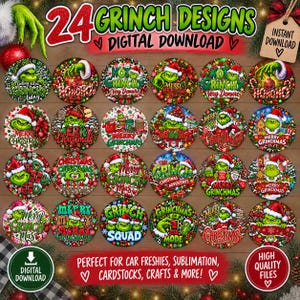 Op de afbeelding: Een digitale collectie van 24 cirkelvormige grafische ontwerpen met de Grinch in diverse kerstthema's met teksten zoals Merry Christmas, Ho Ho Ho en Grinch Squad, gepresenteerd als een set voor sublimatie- en knutselprojecten.