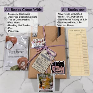 May include: A gift set with a wrapped brown package, a face mask, a tea packet, and a reading list. The package is tied with purple string and includes stickers and a pen. Text on the package says "Who Am I?" and "me and my cats and books."