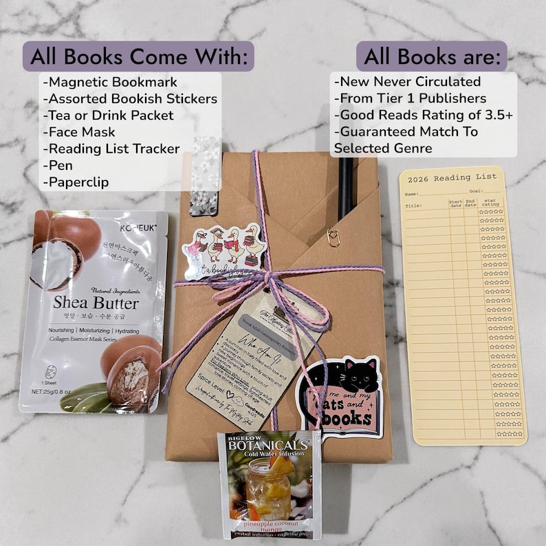 May include: A gift set with a wrapped brown package, a face mask, a tea packet, and a reading list. The package is tied with purple string and includes stickers and a pen. Text on the package says "Who Am I?" and "me and my cats and books."