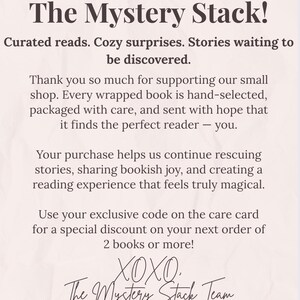 Thank you card from The Mystery Stack printed on textured blush paper, explaining the curated reading experience, cozy surprises, small shop support, and discount details, with handwritten signature-style text