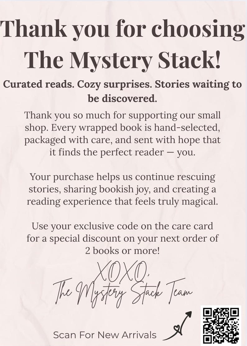 Thank you card from The Mystery Stack printed on textured blush paper, explaining the curated reading experience, cozy surprises, small shop support, and discount details, with handwritten signature-style text