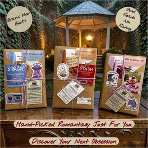 May include: Three wrapped book bundles with tags and stickers, tied with purple string. Each bundle contains a book, tea, and other small items. Text includes "Brand New Books", "Good Reads 3.5+ Rating", and "Hand-Picked Romantasy Just For You".