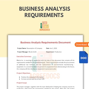 Op de afbeelding: Een document getiteld "Business Analysis Requirements Document" met de tekst "Hervatting van het bedrijf" en "2 januari 2026". Het document bevat een samenvatting, projectdoelstellingen en een projectomvang. Een "Download"-knop en een blauw DOC-pictogram zijn ook zichtbaar.