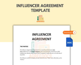 Plantilla de acuerdo de influencer, contrato de marketing en redes sociales para Instagram y TikTok, plantilla empresarial editable, descarga digital