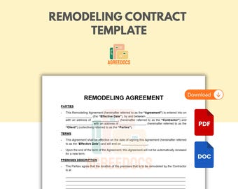 Plantilla de contrato de remodelación, contrato de renovación de vivienda editable, contrato de servicios de construcción imprimible (PDF y Word), descarga digital