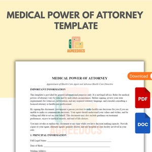 May include: A Medical Power of Attorney template with the text "MEDICAL POWER OF ATTORNEY TEMPLATE" at the top. The document includes sections for important information and principal information. Download options for PDF and DOC files are available.