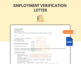 Plantilla de carta de verificación de empleo, carta de verificación de empleo editable, formulario de carta empresarial y de RR. HH., Google Docs y Word, descarga instantánea
