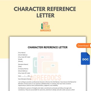 May include: A white document titled "CHARACTER REFERENCE LETTER" with a light yellow background. The document includes fillable fields for contact information and a section for writing a reference. A "Download" button and a blue DOC icon are visible.