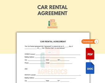 Plantilla de contrato de alquiler de coche, contrato de alquiler de vehículo editable, formulario de arrendamiento de vehículo imprimible, Google Docs, Word y PDF, descarga digital