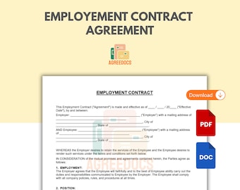 Plantilla de contrato de trabajo, contrato de servicios entre empleador y empleado editable, formulario de RR. HH. imprimible (PDF y Word), descarga digital instantánea.