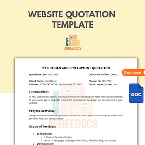 May include: A website quotation template with the text "WEBSITE QUOTATION TEMPLATE" at the top. The document includes sections for client information, project overview, and scope of services. A "Download" button and a DOC icon are visible.
