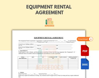 Plantilla de contrato de alquiler de equipos, contrato de arrendamiento de equipos editable, formulario de alquiler imprimible, PDF, Word y Google Docs, descarga instantánea