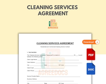 Plantilla de contrato de servicio de limpieza, contrato de limpieza residencial y comercial, formularios editables para empresas de limpieza, PDF imprimible