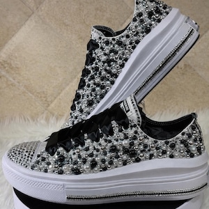 Handmade Pearl Rhinestone Converse Sneakers, Bling Black & White Platform Shoes