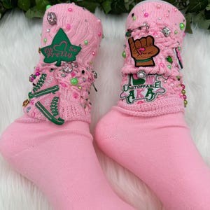 AKA Junk Socks | Pink Green Long Sorority Statement Socks | Rhinestone Pearl Embellished