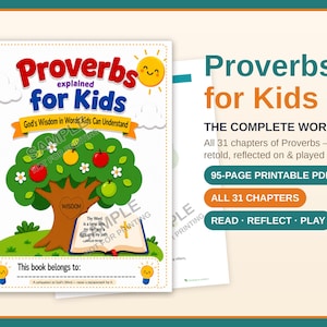 Proverbs for Kids Bible Workbook, 95 Page Printable Christian Devotional, All 31 Chapters Retold + Activities, Sunday School Homeschool PDF