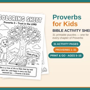 Schede di attività bibliche, Proverbi per bambini, 31 puzzle stampabili, Labirinto con parole da colorare, Download digitale per la scuola domenicale e l'istruzione domiciliare