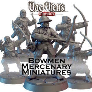 May include: A collection of gray miniature bowmen figures, each posed with a bow and arrow. The figures are on round bases, and the text "BOWMEN MERCENARY MINIATURES" is displayed below them. The logo "Vae Victis Miniatures" is at the top.
