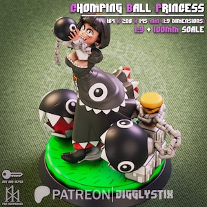 May include: A detailed figurine of a character from the "Chomping Ball Princess" series. The figure is predominantly black and white, with red accents. The base is green. The text "CHOMPING BALL PRINCESS" is visible.
