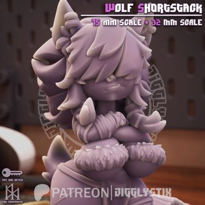 May include: A 3D-printed figurine of a wolf-like character, in a seated pose, with the text "WOLF SHORGSGACK" and "15 MM SCALE + 32 MM SCALE". The figure is a light purple color and has detailed fur and clothing.