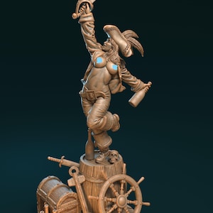 May include: A detailed wooden pirate figurine. The figure is a woman in a pirate hat, holding a sword and bottle. The figurine stands on a barrel with a treasure chest, ship's wheel, and skull.