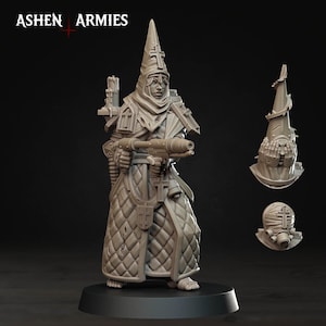 May include: A detailed, gray miniature figure of a robed character holding a futuristic weapon. The figure wears a pointed hood with a cross and quilted robe. The words "ASHEN ARMIES" are at the top left.