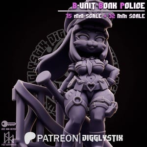 May include: A purple figurine of a rabbit character in a police uniform, holding a mallet. The figurine has a heart-shaped belt buckle and is labeled "B-UNIT BONK POLICE" with "15 MM SCALE + 32 MM SCALE" text. The image also includes "PATREON DIGGLYSTIX" text.
