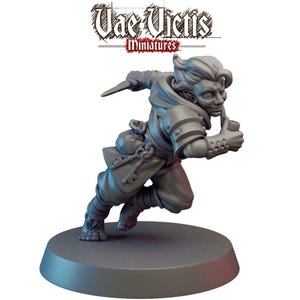 May include: A gray miniature figure of a running fantasy character, holding a knife and a pipe. The figure is wearing a hooded tunic, armor, and carrying a bag with keys. The base is round, and the figure is labeled "Vae Victis Miniatures".