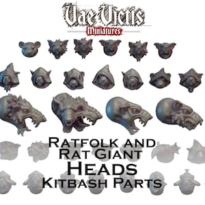 May include: A collection of gray miniature rat and rat-like creature heads. The image includes various head designs, some with hoods and open mouths. Text at the bottom reads "RATFOLK AND RAT GIANT HEADS KITBASH PARTS."