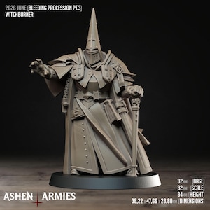May include: A grey resin miniature figure titled Witchburner from the Bleeding Procession collection. The figure wears a tall pointed hood, layered robes, and holds a staff with a skull topper. Dimensions are 38.22 x 47.69 x 28.80 mm.
