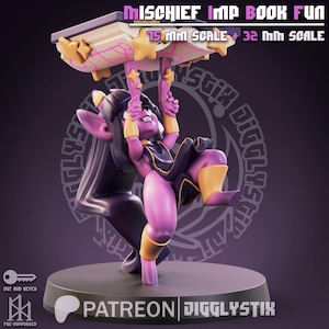May include: A purple imp figurine holding onto a book with star accents. The figurine has black hair, yellow accents, and is on a round base. Text on the image reads "MISCHIEF IMP BOOK FUN", "15 MM SCALE + 32 MM SCALE", and "PATREON DIGGLYSTIX".