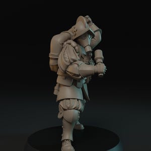 May include: A monochromatic gray tabletop gaming miniature depicting a figure in a gas mask and a wide-brimmed helmet. The figure wears layered armor with puffed sleeves, carries a large backpack, and holds a cylindrical object in one hand.