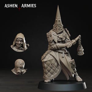 May include: A detailed, gray miniature figure of a knight in armor, holding a bell. The knight wears a pointed helmet with a cross and a quilted tunic. Two additional bust figures are also included. The text "ASHEN ARMIES" is at the top.