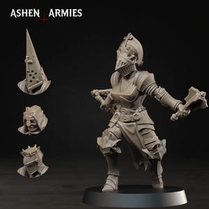 May include: A detailed, gray miniature of a female knight in full armor, wielding a mace. The figure is posed dynamically, with three additional helmet designs displayed separately. The text "ASHEN ARMIES" is visible at the top.