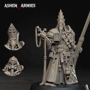 May include: A detailed, gray miniature figure of a religious leader from "Ashen Armies" with a gas mask, holding a rifle and a staff with a cross. Two additional head sculpts are also included. The figure is adorned with crosses and religious iconography.