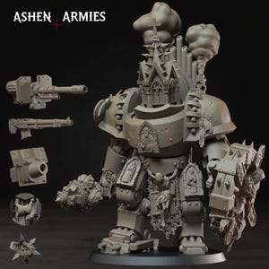 May include: A gray resin miniature of a heavily armored mechanical walker featuring gothic cathedral architecture, including a steeple head, religious iconography, and smoke stacks. The set includes interchangeable weapon attachments.