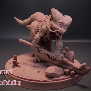 May include: A 3D-printed figurine of a creature with horns, holding a large, jagged blade. The figure is light brown and stands on a circular base with rocks and small plants. The image includes text indicating it is STL, pre-supported, and sliced for painting.