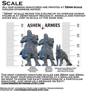 May include: A scale reference chart for gaming miniatures featuring two armored human figures and a canine figure. The chart includes vertical rulers in millimeters, text labels for 32mm and 28mm scales, and the brand name Ashen Armies at the top.