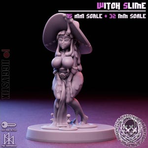 May include: A gray 3D-printed figurine of a witch made of slime. The witch wears a large hat and glasses. The text "WITCH SLIME" and "15 MM SCALE + 32 MM SCALE" are visible. The figurine is on a round base.