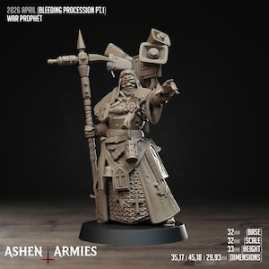 May include: A detailed miniature figure of a War Prophet from the "Bleeding Procession Pt.1" series. The figure is clad in a long coat and armor, holding a staff and pointing. The base is 32mm, the scale is 32mm, and the height is 33mm. Dimensions are 1.39 x 1.78 x 1.18 inches.